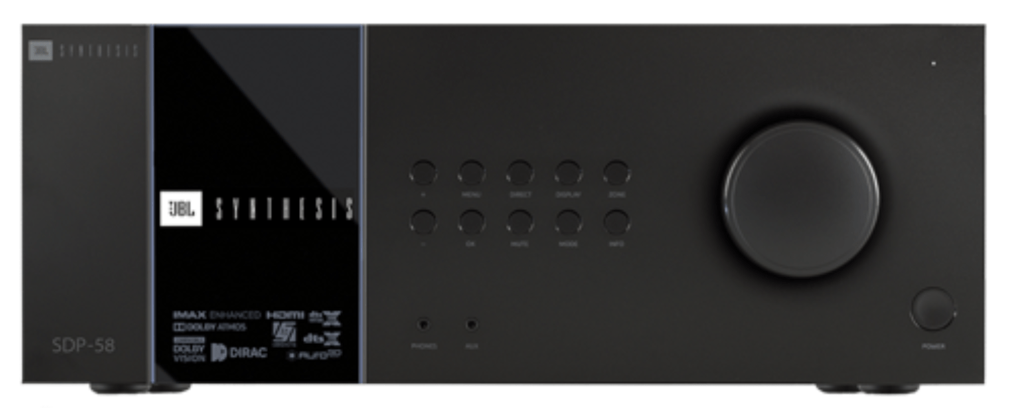 Close-up of a black audio device with knobs and buttons.